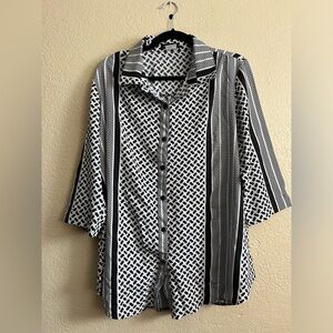 Creation L Black And White Multi Pattern Button Up 3/4 Sleeve Blouse Size Large